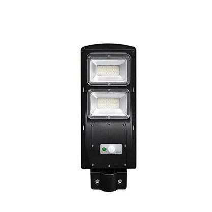 Integrated solar street light with LED illumination and solar panel, remote control operation
