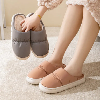 Down cotton slippers with artificial leather upper and rubber anti-slip sole in blue colour