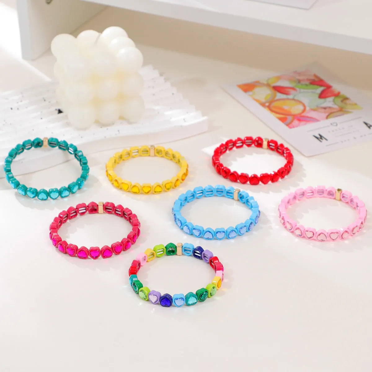 Rainbow enamel heart-shaped stretch bracelet in alloy with diamond process surface