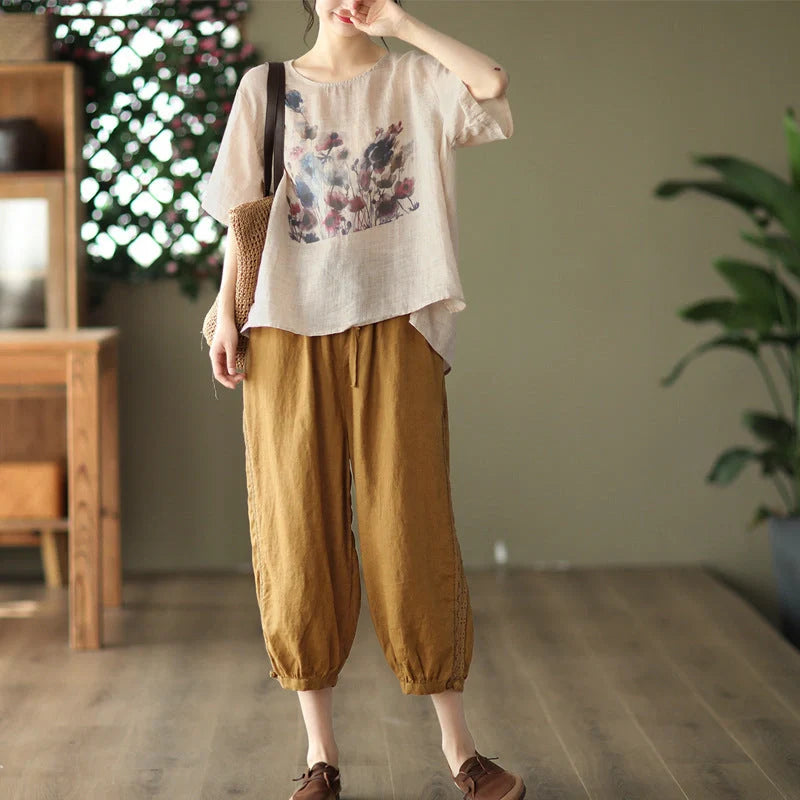 Vintage Ink Print Casual Short Sleeve T-shirt in white, champagne, and dark gray