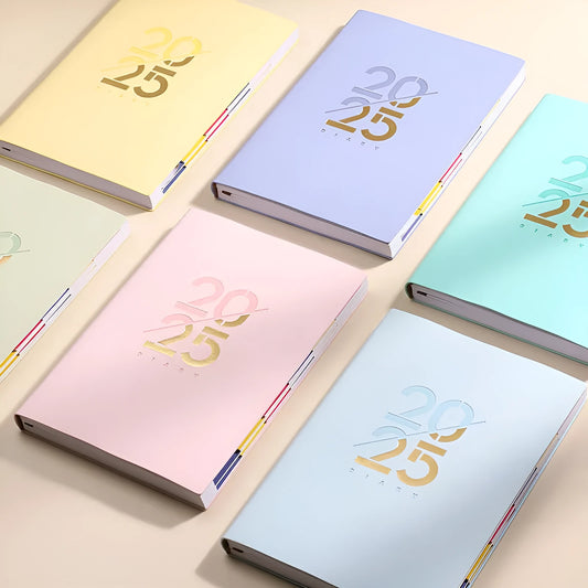 A5 daily planner with faux leather cover in blue, showing open pages and bound spine.