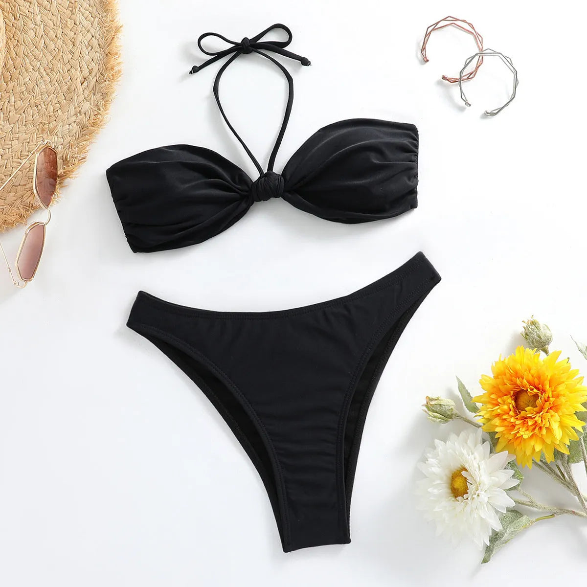 Black polyester women's bikini set with lace-up tube top and briefs in sizes S, M, L