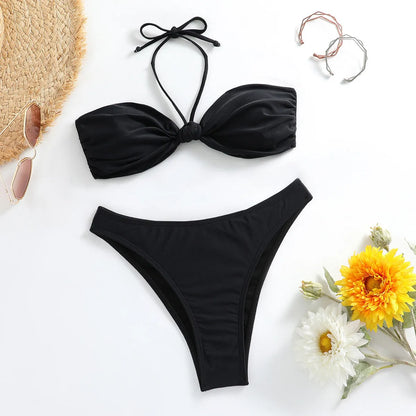 Black polyester women's bikini set with lace-up tube top and briefs in sizes S, M, L