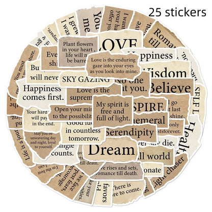 Torn English decorative stickers set showing 25 PVC adhesive stickers in 4-7cm sizes with matte finish