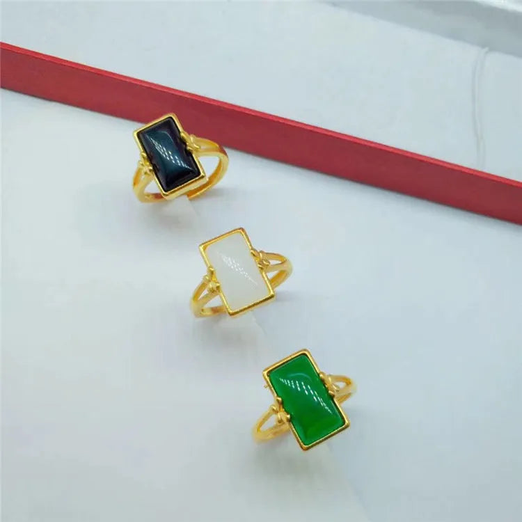 Adjustable brass ring with gold electroplating and inlaid gemstone in national style design