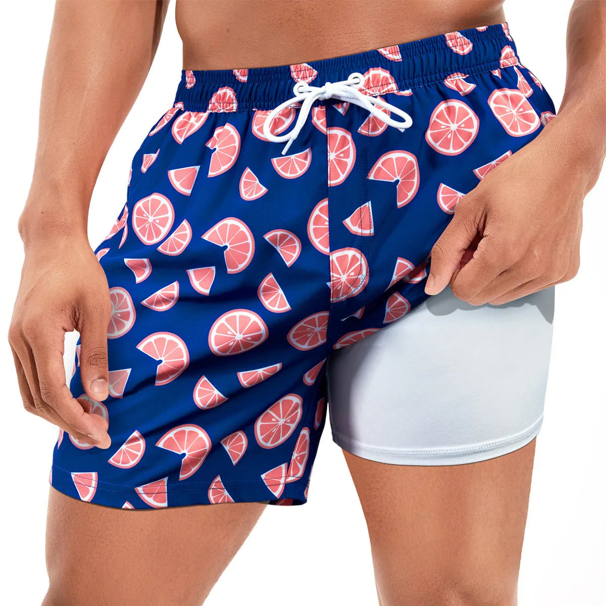 Men's loose quick-drying boxer swimming trunks in spandex fabric with various colour patterns