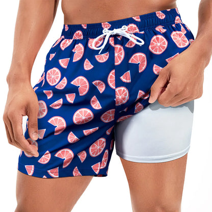 Men's loose quick-drying boxer swimming trunks in spandex fabric with various colour patterns
