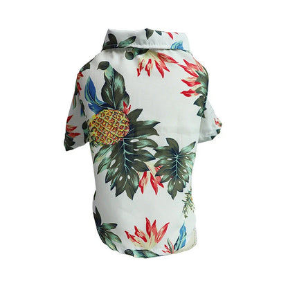 Breathable pet shirts featuring tropical pineapple, coconut tree, and Hawaiian-inspired prints