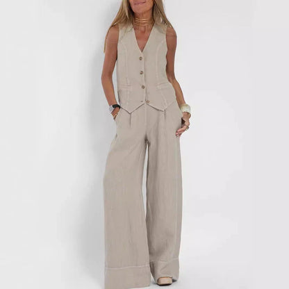 Stylish women's summer vest outfit with V-neck, sleeveless top, and loose straight trousers in a variety of colors