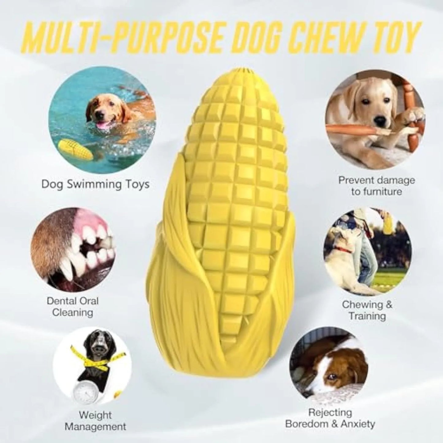 Yellow corn stick shaped dog chew toy with textured grooves, suitable for medium and large breed dogs