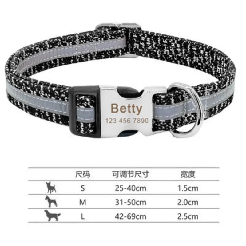 An adjustable nylon dog collar with a metal buckle, shown in black, green, and rose red colours.