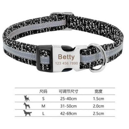 An adjustable nylon dog collar with a metal buckle, shown in black, green, and rose red colours.