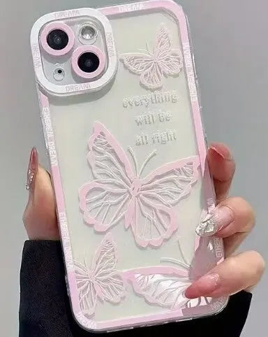 Transparent silicone phone case with oil painting flowers and light pink letter butterfly design for Apple iPhone.