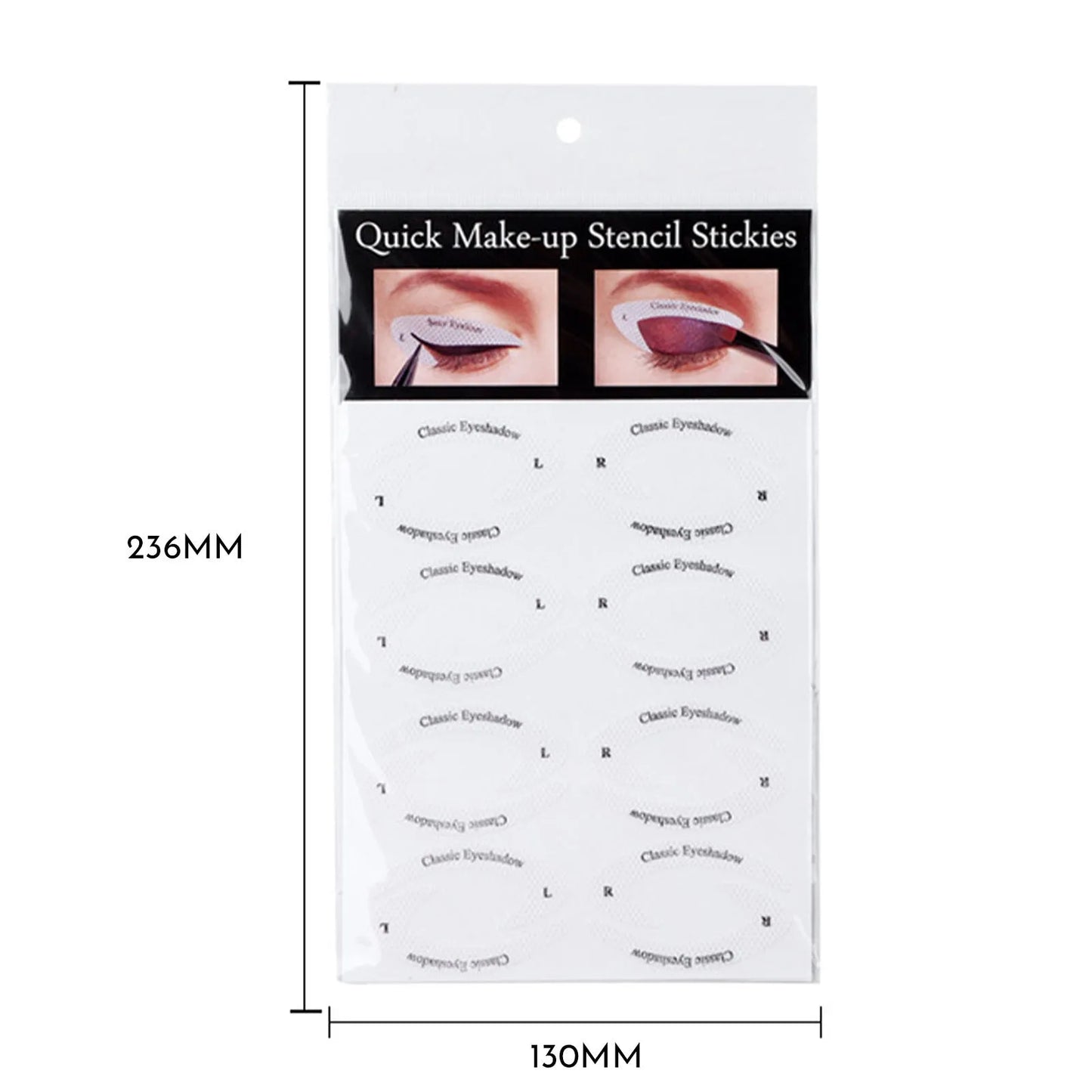 Four reusable eyeliner stencil templates on a pink background, showing winged and cat-eye designs for makeup application