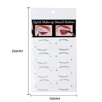 Four reusable eyeliner stencil templates on a pink background, showing winged and cat-eye designs for makeup application