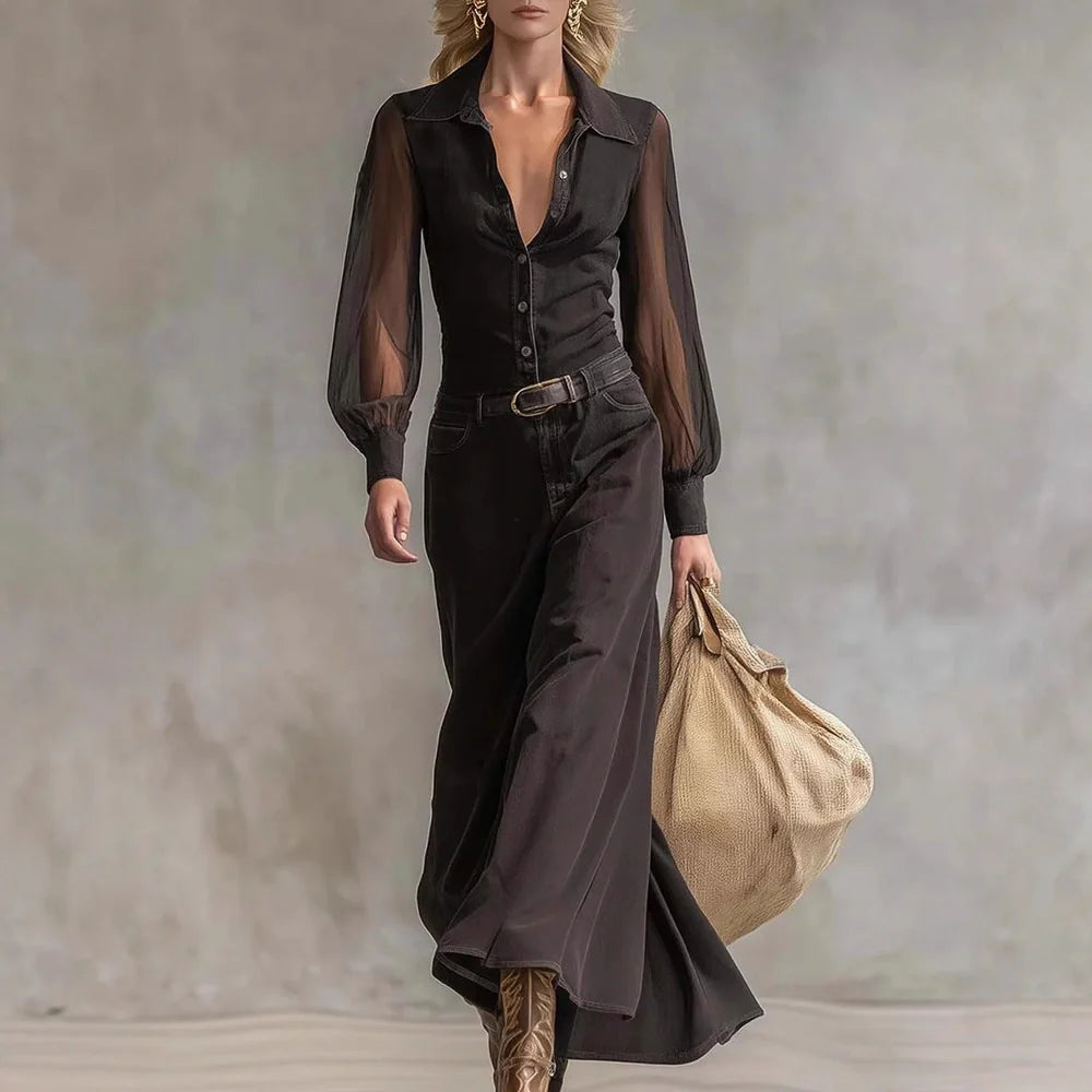 Black long sleeve mesh dress with asymmetric skirt and high waist design