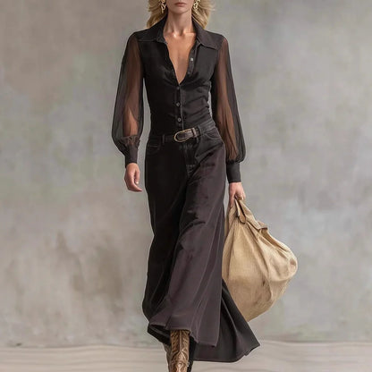 Black long sleeve mesh dress with asymmetric skirt and high waist design