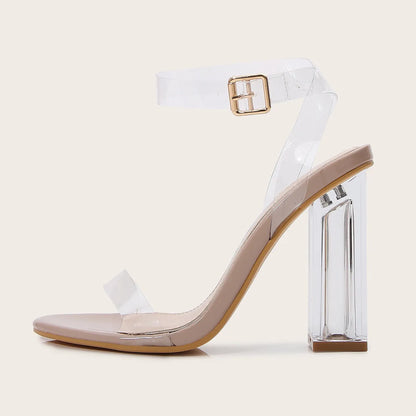 Apricot women's sandals with clear acrylic block heel and silver buckle on ankle strap.
