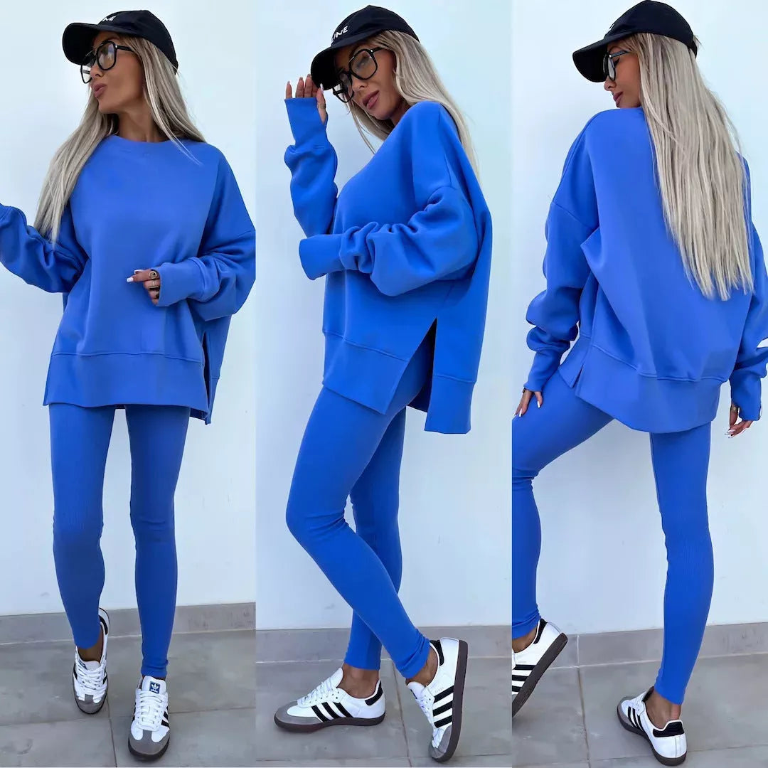 Women's casual sweater suit with long sleeve crew neck top and tight trousers in various colors