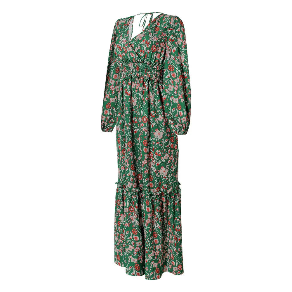 A green halter dress with a vibrant printed pattern and lantern sleeves.