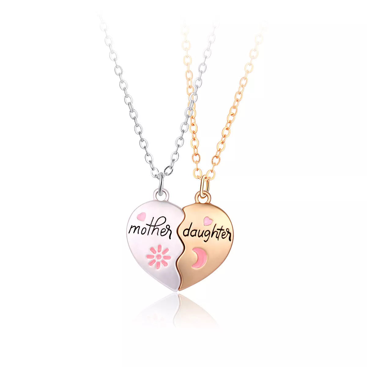 Mother Daughter Matching Heart Necklace Set with Magnetic Pendant and Adjustable Chain