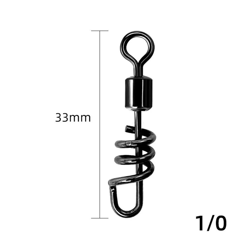 Close-up of a stainless steel 8-shaped fishing swivel connector on a dark background.