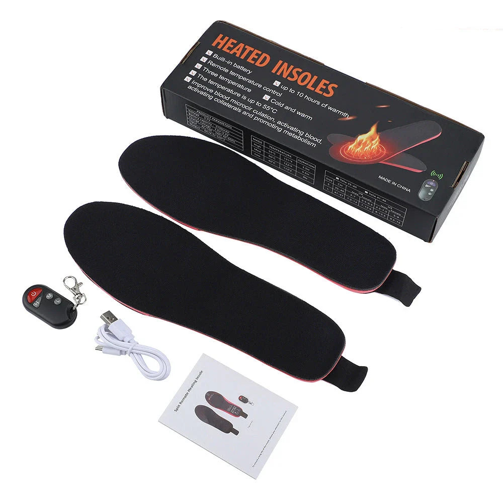 Heated insoles for men and women with rechargeable electric foot warming pads, designed to fit any size boot or shoe