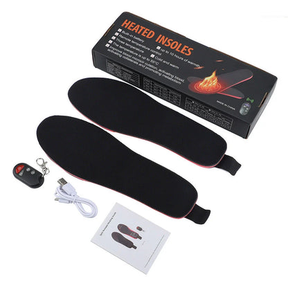 Heated insoles for men and women with rechargeable electric foot warming pads, designed to fit any size boot or shoe