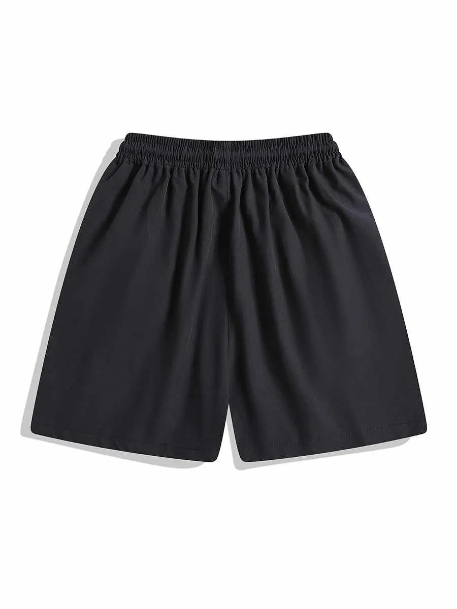 Men's black loose-fit quick-dry sports shorts with elastic waist, shown above the knee.