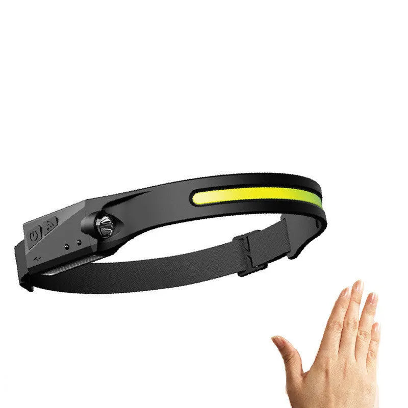 Black silicone USB rechargeable headlamp with a wide COB LED lens and a side wave sensor.
