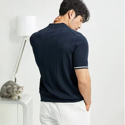 Men's short-sleeved polo shirt with lapel zipper in white and dark blue
