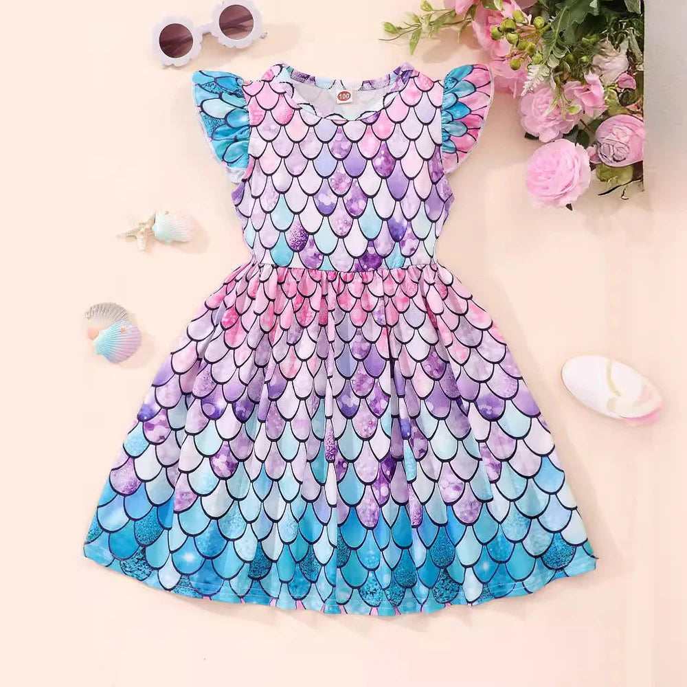 Girl's flounced sleeve dress with A-line skirt in polyester, available in multiple colours for ages 1-6 years