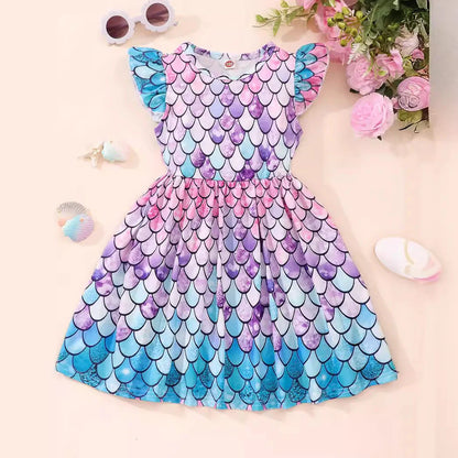 Girl's flounced sleeve dress with A-line skirt in polyester, available in multiple colours for ages 1-6 years
