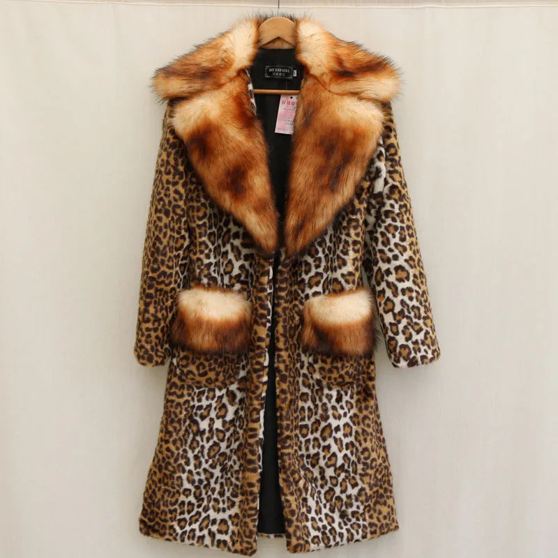 Long artificial fur jacket with leopard print design, regular sleeves, street fashion style for women's commuting wear