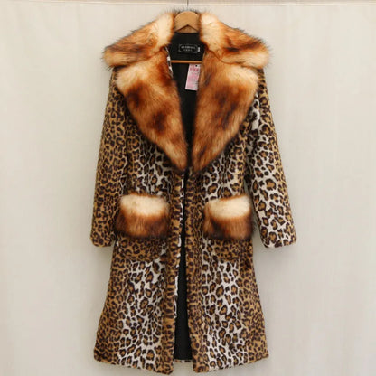 Long artificial fur jacket with leopard print design, regular sleeves, street fashion style for women's commuting wear