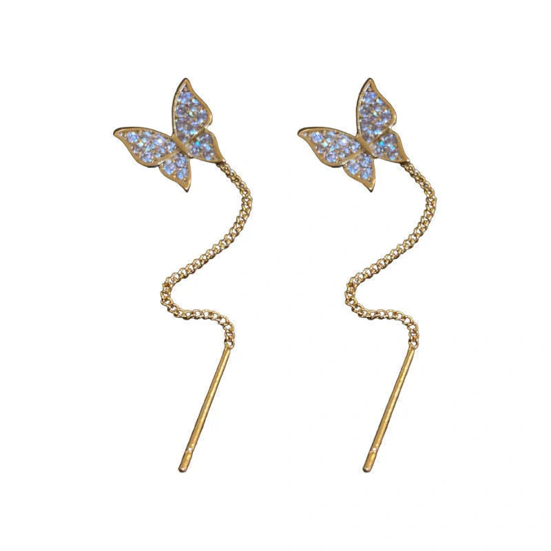 925 Silver Needle Long Tassel Butterfly Earrings in gold and silver options