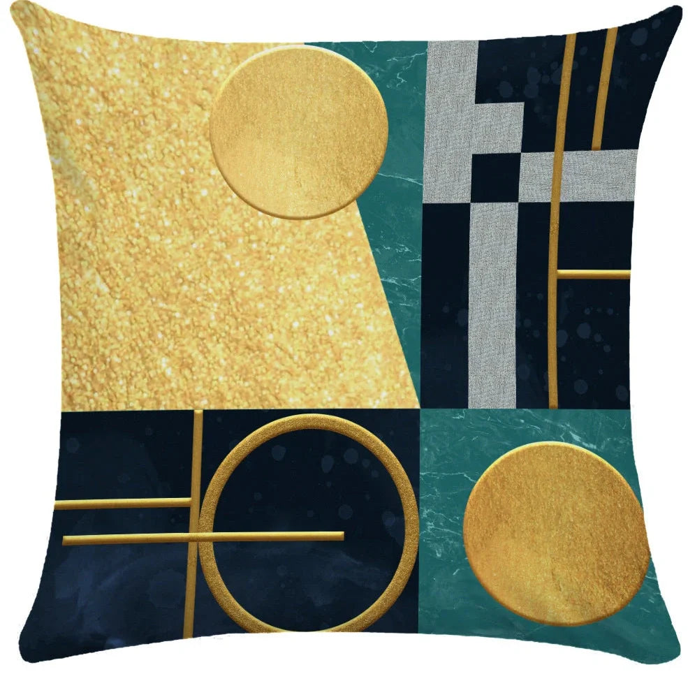 Geometric pattern throw pillow on office sofa showing 45x45cm size with plush fabric texture