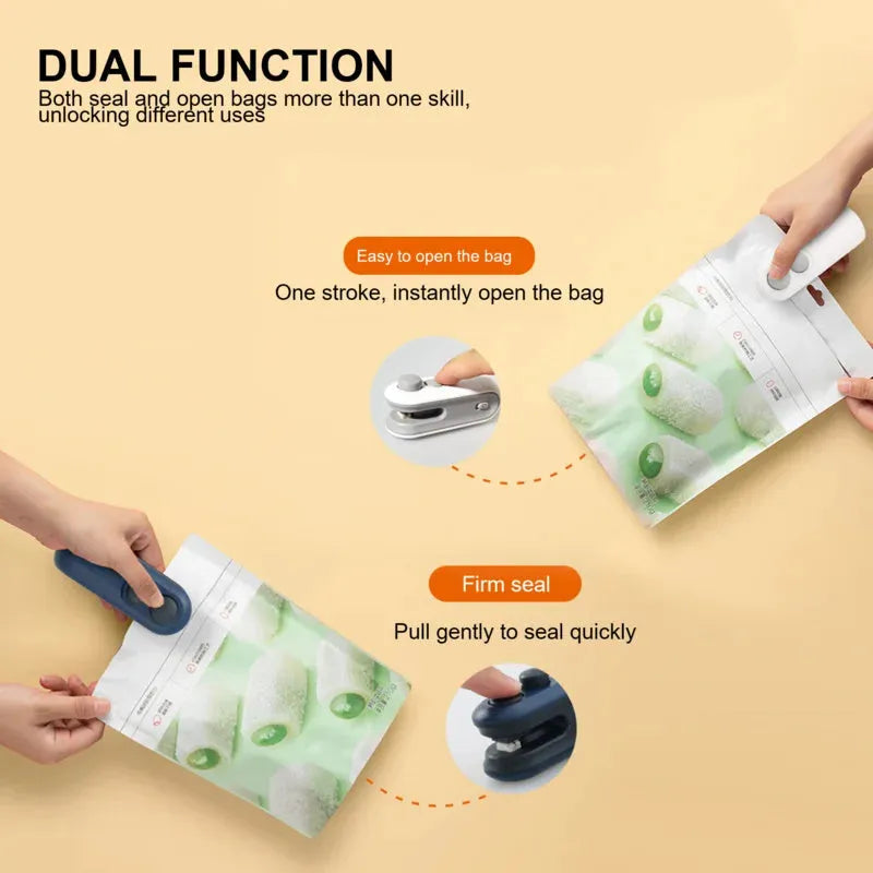 Blue and white handheld USB rechargeable heat sealer with cutter for sealing chip bags