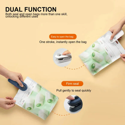 Blue and white handheld USB rechargeable heat sealer with cutter for sealing chip bags