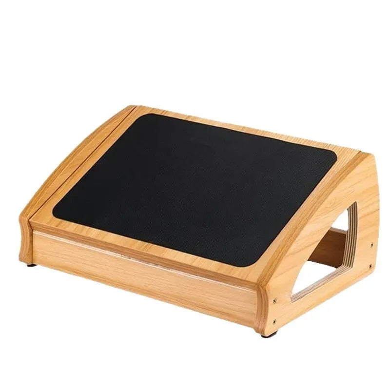 Wooden adjustable bamboo office desk footstool in natural wood colour with modern minimalist design