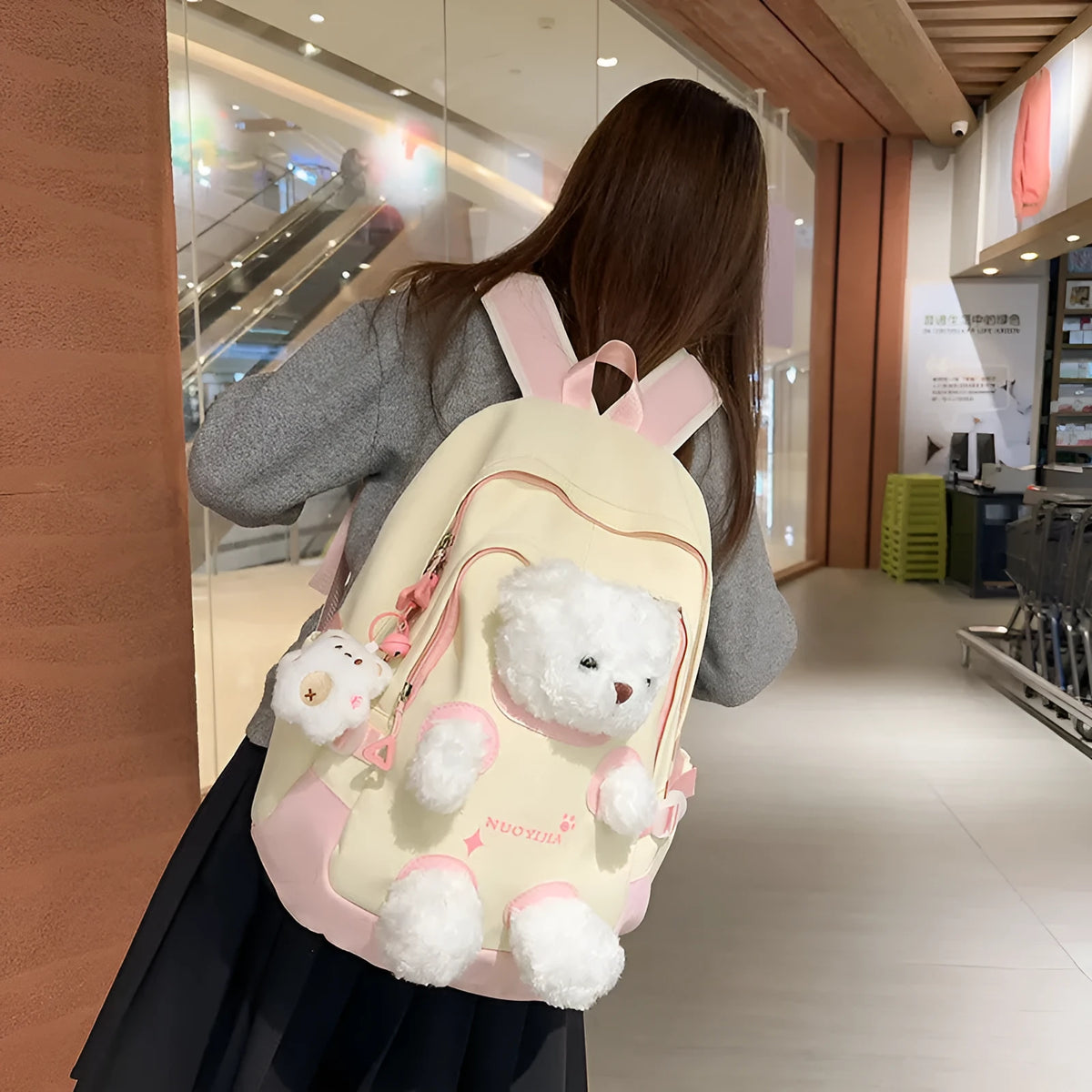 Literary style nylon school backpack in a macaron colour with curved shoulder straps