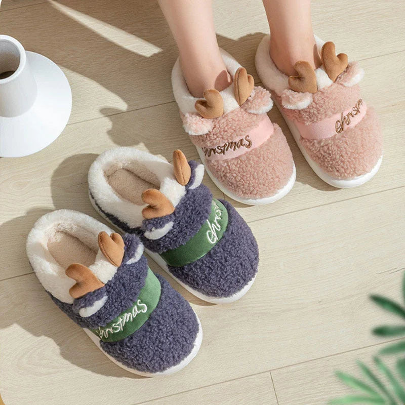 Cozy elk-themed slippers with plush suede uppers and supportive EVA soles in a variety of dreamy colors