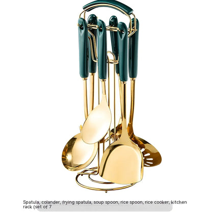 Stainless steel kitchen utensils set with eight pieces in multiple colours including black, green, pink, and white options