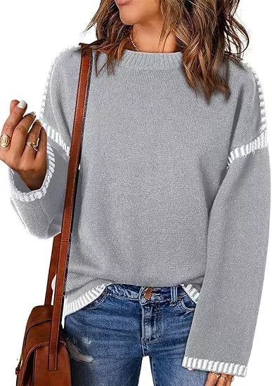 Women's acrylic round neck pullover sweater with flared sleeves in various colors