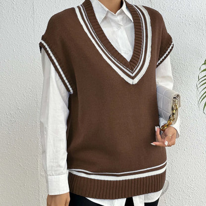Women's college style acrylic pullover vest sweater in black, blue, and coffee colours with loose free size fit