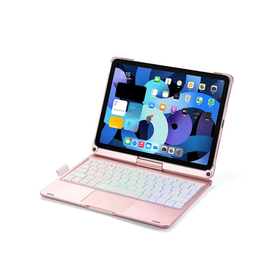 Rotating Bluetooth keyboard with backlight for iPad Pro and iPad Air tablets in black, silver, and rose gold.