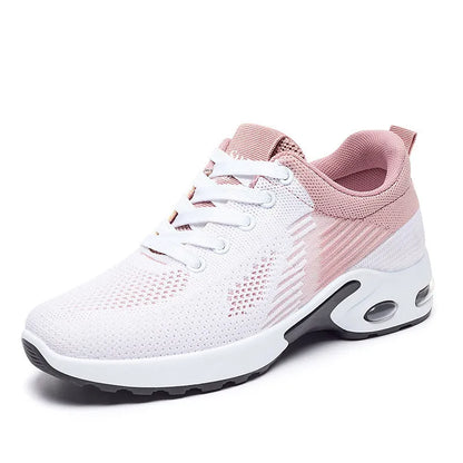 Women's striped Flyknit casual running shoes in pink, shown with a flat PVC sole and front lace-up closure.