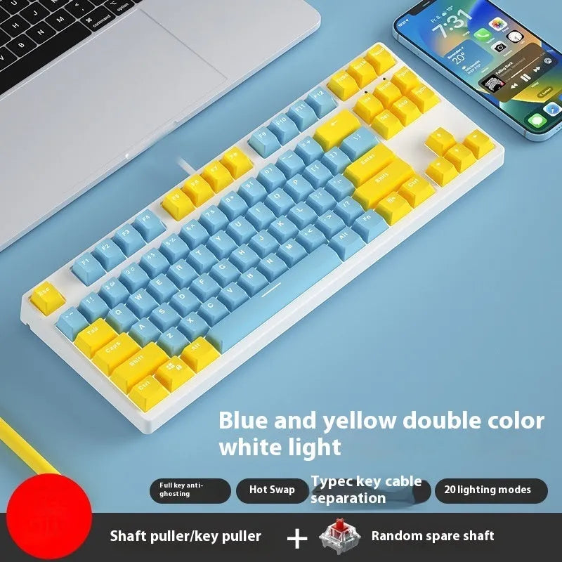 87-key mechanical keyboard with two-tone coloured keycaps on metal case