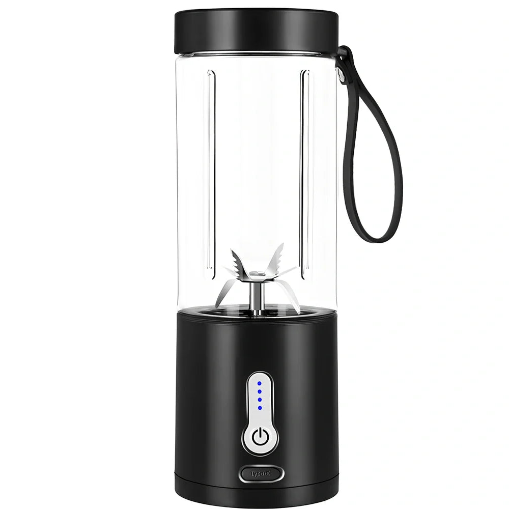 Black portable juicer with 530ml cup, USB charging port, and round feeding port for whole fruits