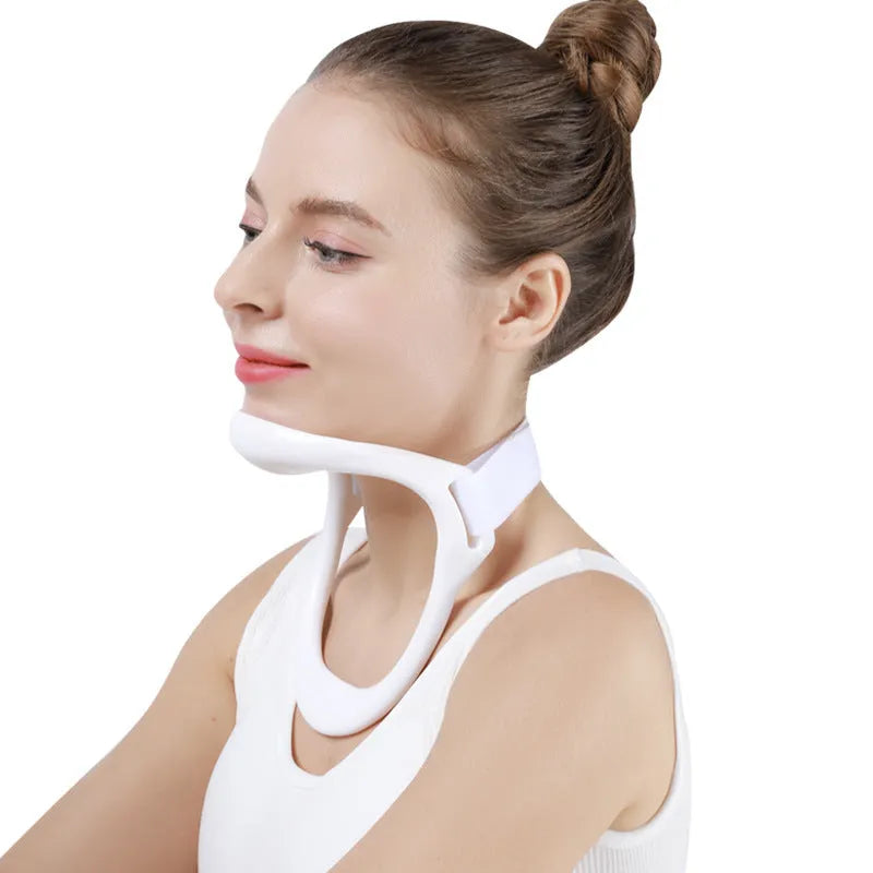 White PP material neck brace showing forward support design for cervical spine alignment